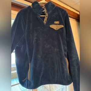 LL Bean Hi Pile XL Blue Fleece 1/4 snap Pullover with Taupe Accents